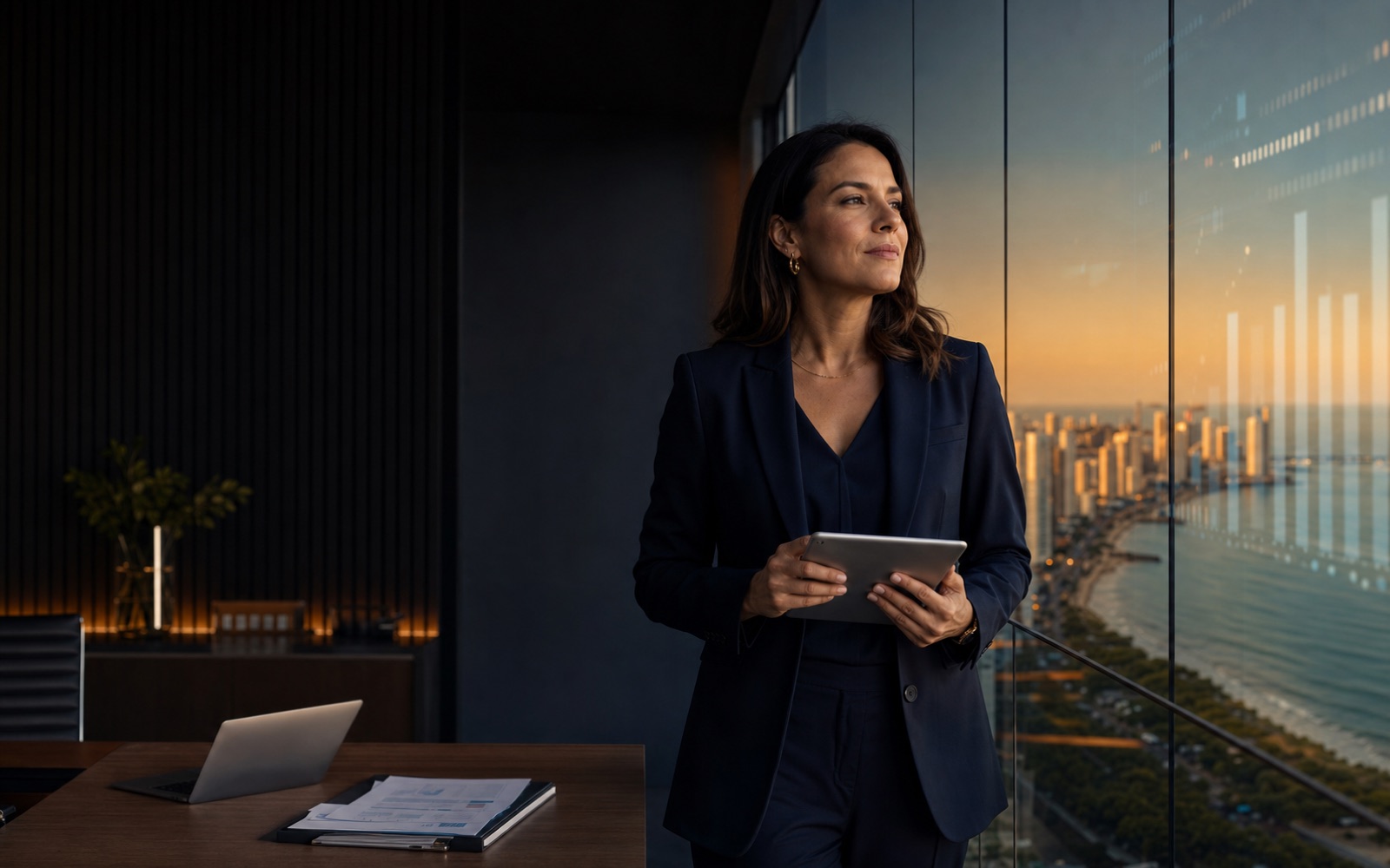 Executiva analisando resultados financeiros em escritório contemporâneo